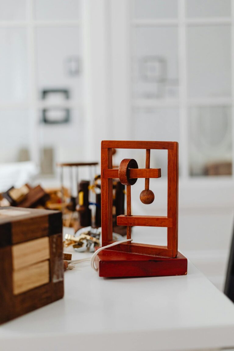 Close-up of a wooden puzzle toy on a table indoors, ideal for brain games and cognitive development.
