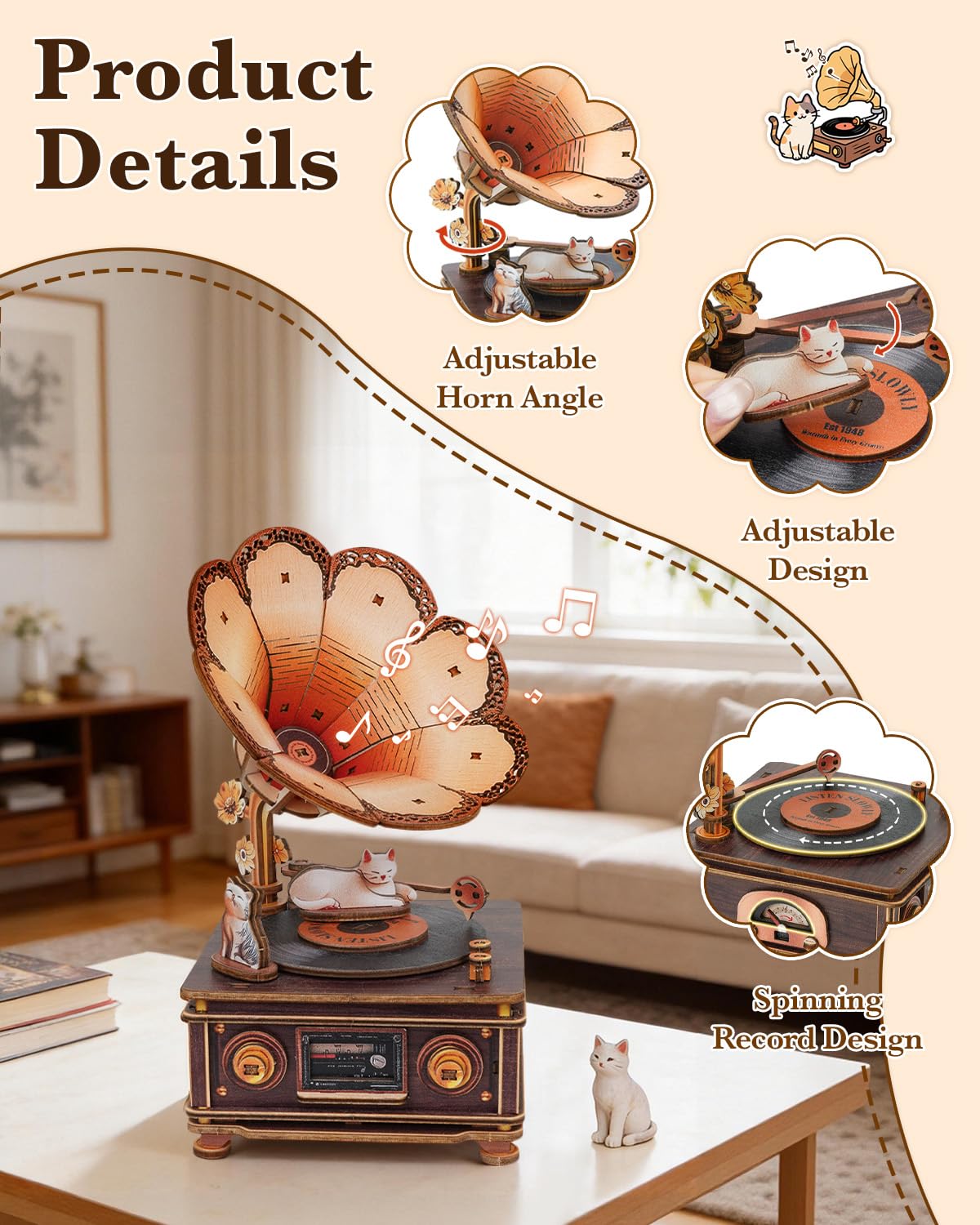3D Puzzles for Adults, Wooden Cats Phonograph Music Box Handmade Model Kit DIY Crafts, 3D Wooden Music Box Puzzles Vintage Phonograph for Home Decor Unique Gifts for Holidays Birthdays - Image 5
