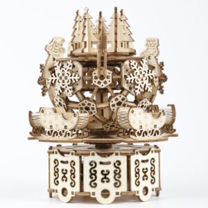 Adult 3D Wooden Christmas Music Box Assembly Kit DIY Wind-Up Mechanical Model Carousel Set Desktop Toy Birthday Gift Decorative Item Suitable for Teens 14+