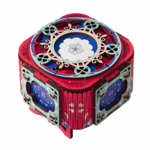 3D Wooden Puzzle Music Box with Light-Up Four-Leaf Clover, DIY Mechanical Model Kit, Desktop Decorative Jewelry Box, Birthday Gift (Rose red)