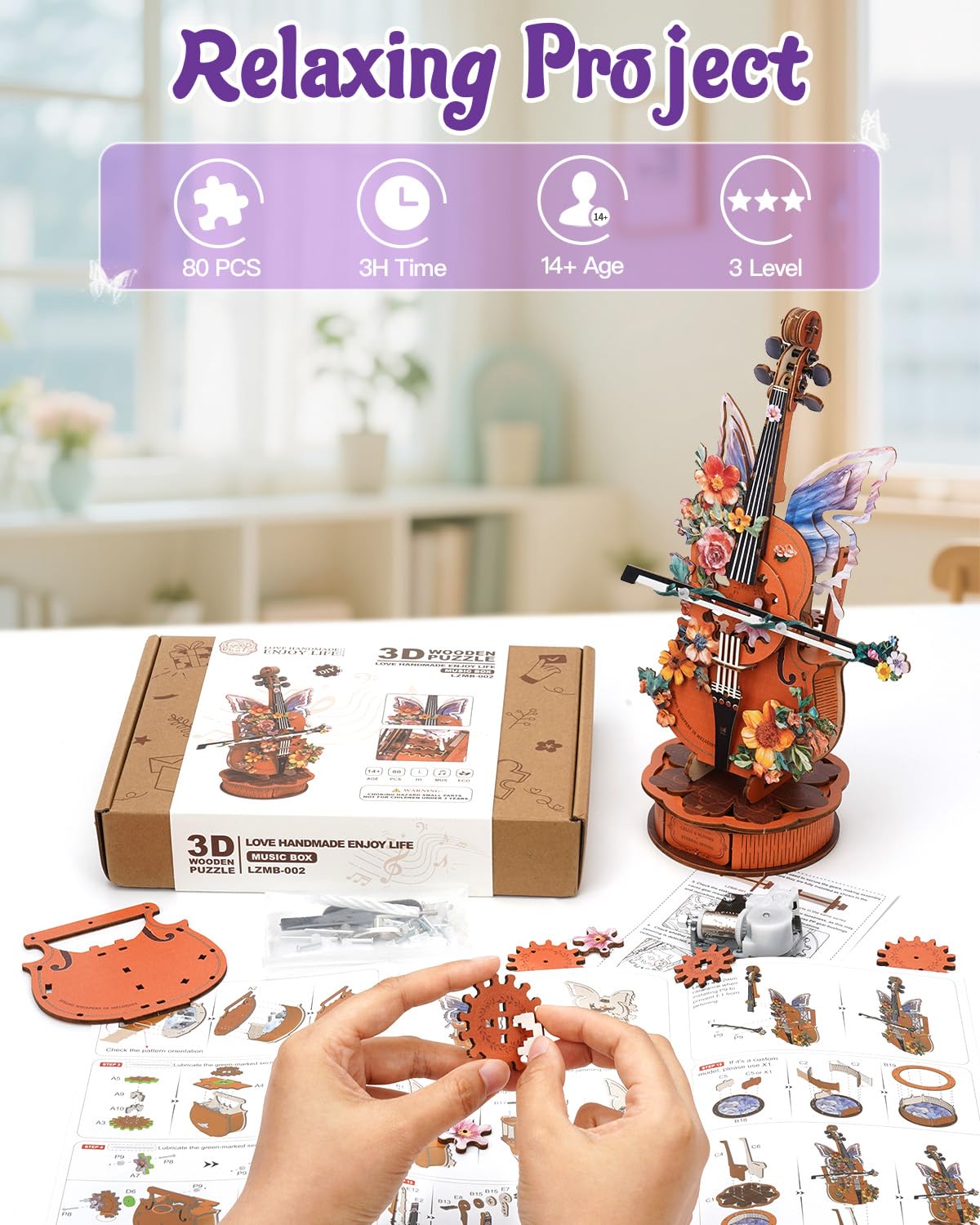 3D Puzzles for Adults, Mechanical Wooden Cello Music Box Puzzles, DIY Flower Music Box Cello Crafts Model Kits Home Decor for Holiday Birthday Gifts Hobbies - Image 4