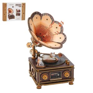 3D Puzzles for Adults, Wooden Cats Phonograph Music Box Handmade Model Kit DIY Crafts, 3D Wooden Music Box Puzzles Vintage Phonograph for Home Decor Unique Gifts for Holidays Birthdays