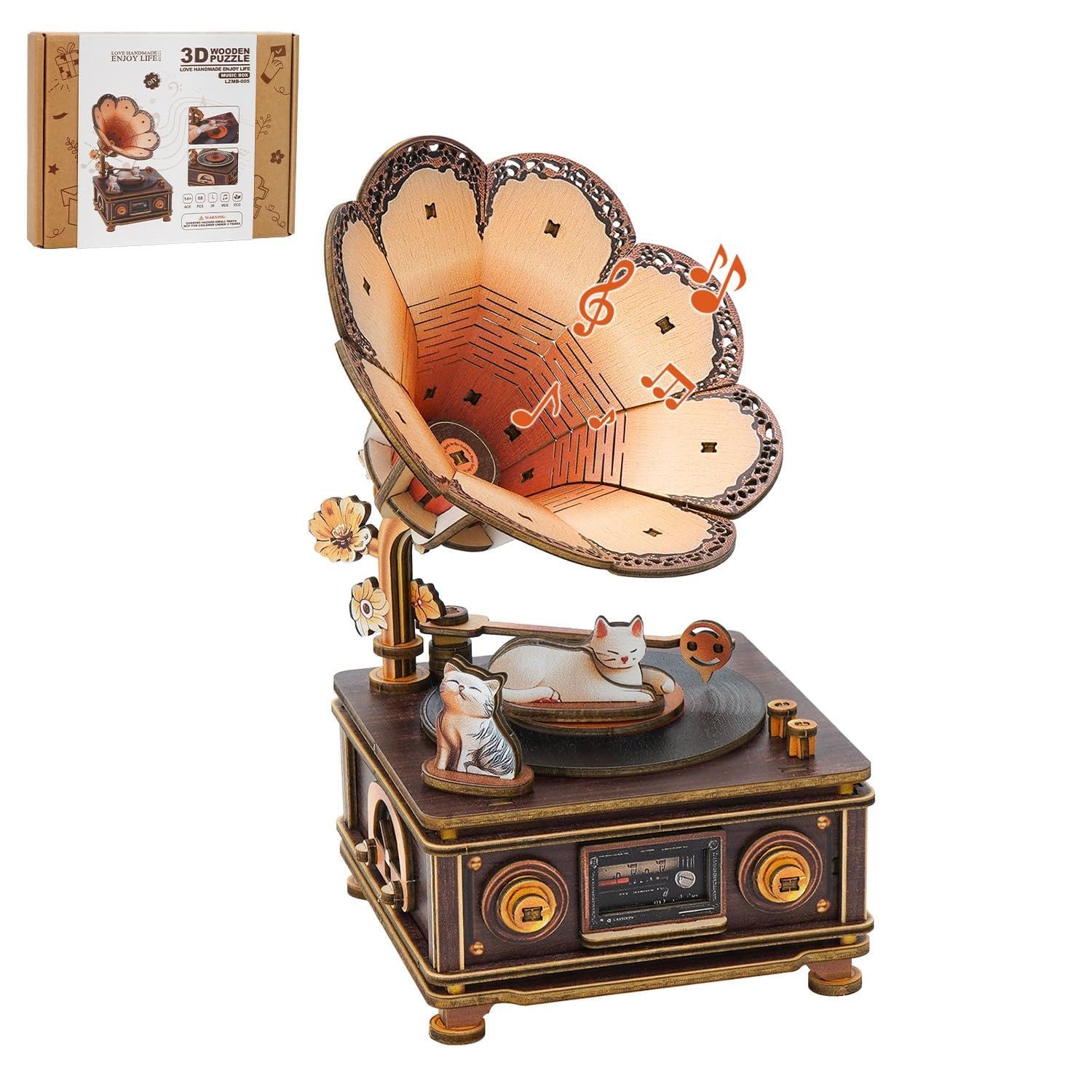 3D Puzzles for Adults, Wooden Cats Phonograph Music Box Handmade Model Kit DIY Crafts, 3D Wooden Music Box Puzzles Vintage Phonograph for Home Decor Unique Gifts for Holidays Birthdays