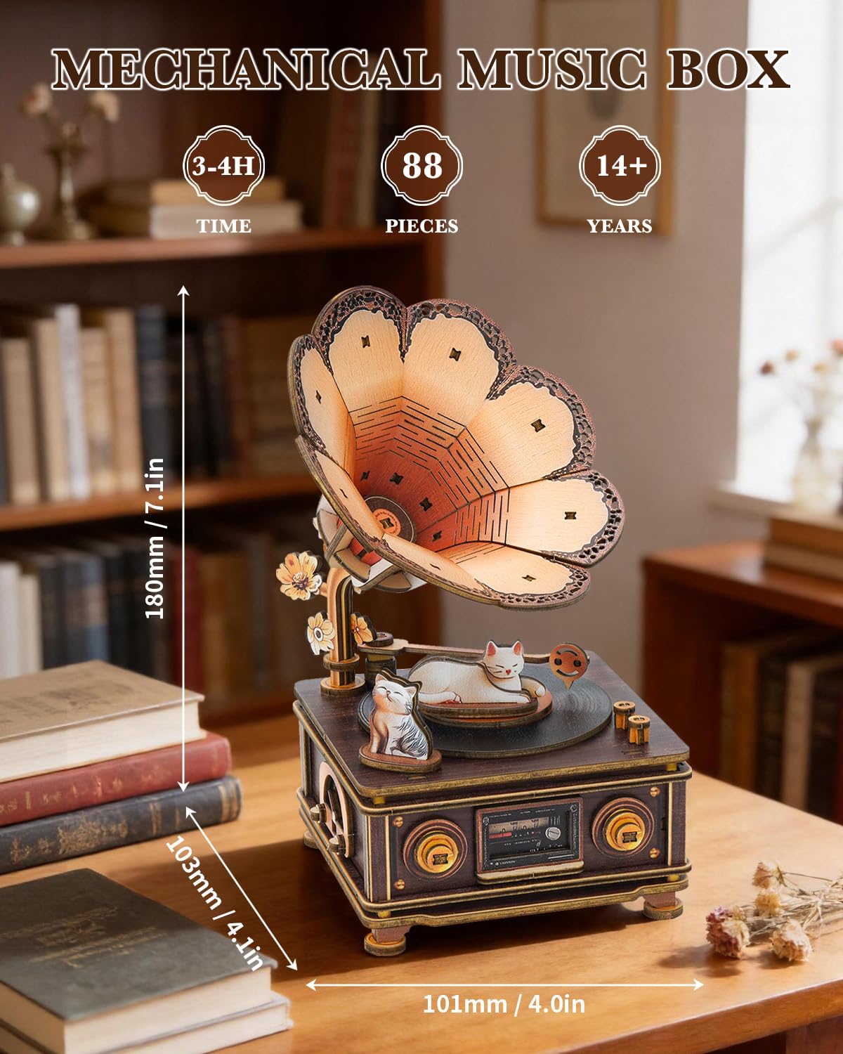 3D Puzzles for Adults, Wooden Cats Phonograph Music Box Handmade Model Kit DIY Crafts, 3D Wooden Music Box Puzzles Vintage Phonograph for Home Decor Unique Gifts for Holidays Birthdays - Image 3