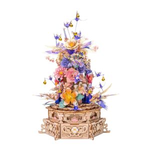 3D Metal Puzzles for Adults Feast of Flower, 3D Wooden Puzzles Metal Model Kit Building Wood Flowers Kits DIY Craft Set with Music Box Lighting, Birthday Hobby Gift Home Desk Decor