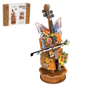 3D Puzzles for Adults, Mechanical Wooden Cello Music Box Puzzles, DIY Flower Music Box Cello Crafts Model Kits Home Decor for Holiday Birthday Gifts Hobbies