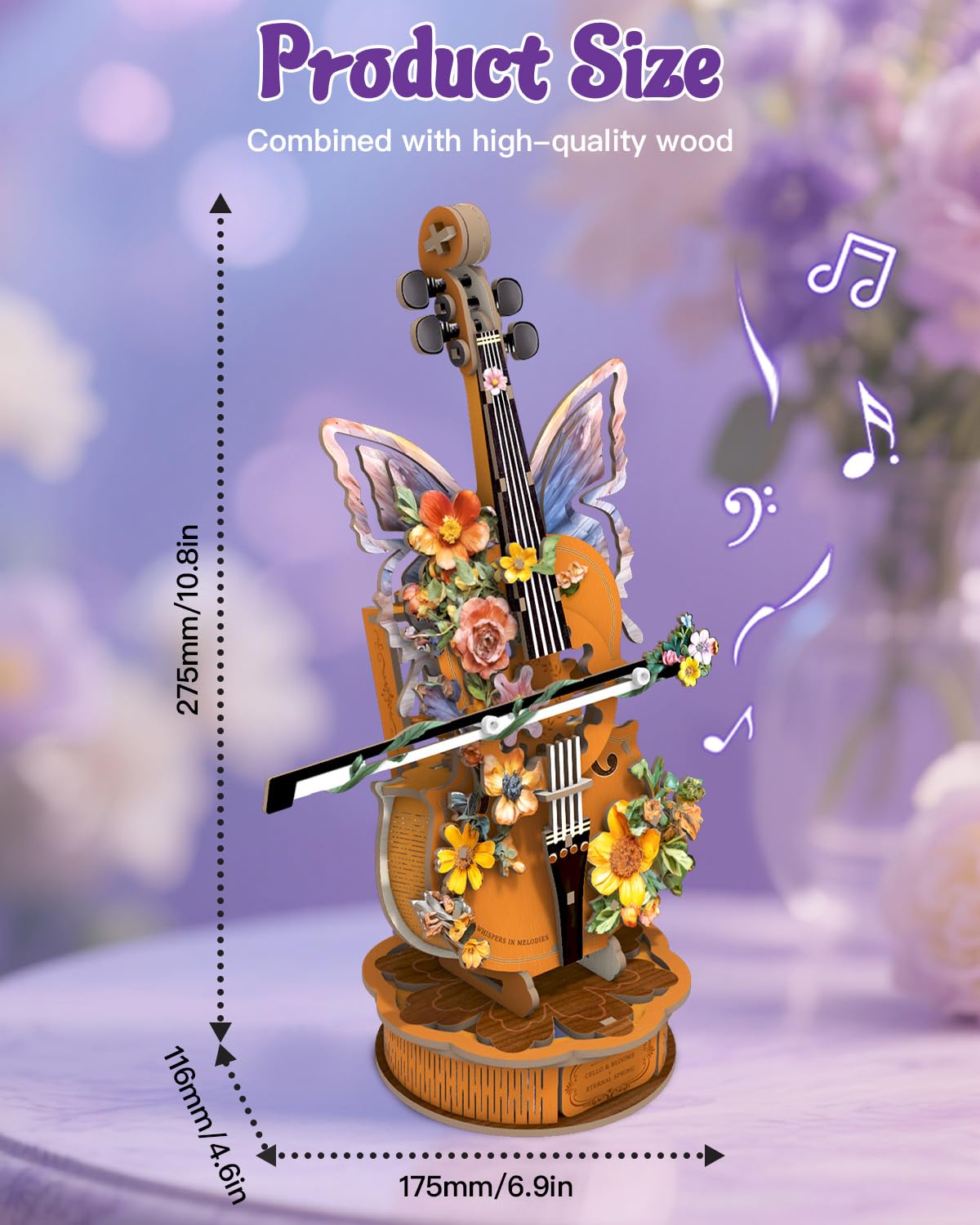 3D Puzzles for Adults, Mechanical Wooden Cello Music Box Puzzles, DIY Flower Music Box Cello Crafts Model Kits Home Decor for Holiday Birthday Gifts Hobbies - Image 3