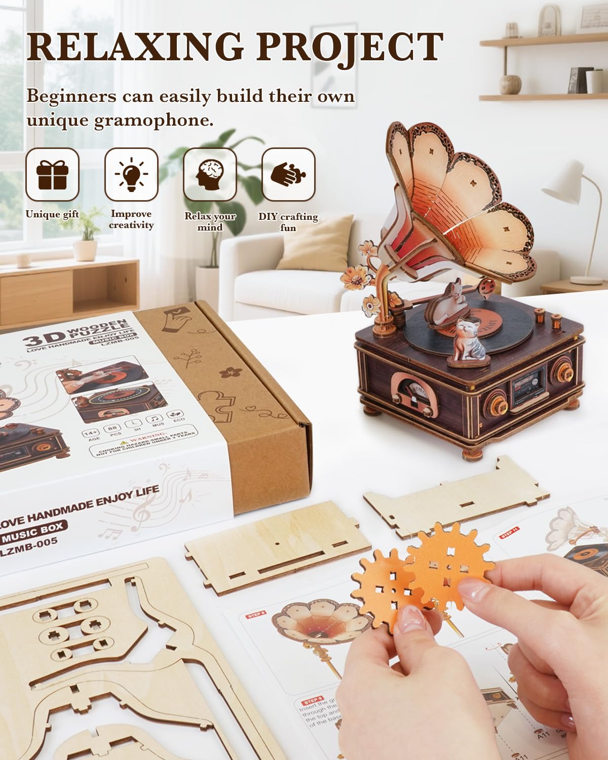 3D Puzzles for Adults, Wooden Cats Phonograph Music Box Handmade Model Kit DIY Crafts, 3D Wooden Music Box Puzzles Vintage Phonograph for Home Decor Unique Gifts for Holidays Birthdays - Image 4