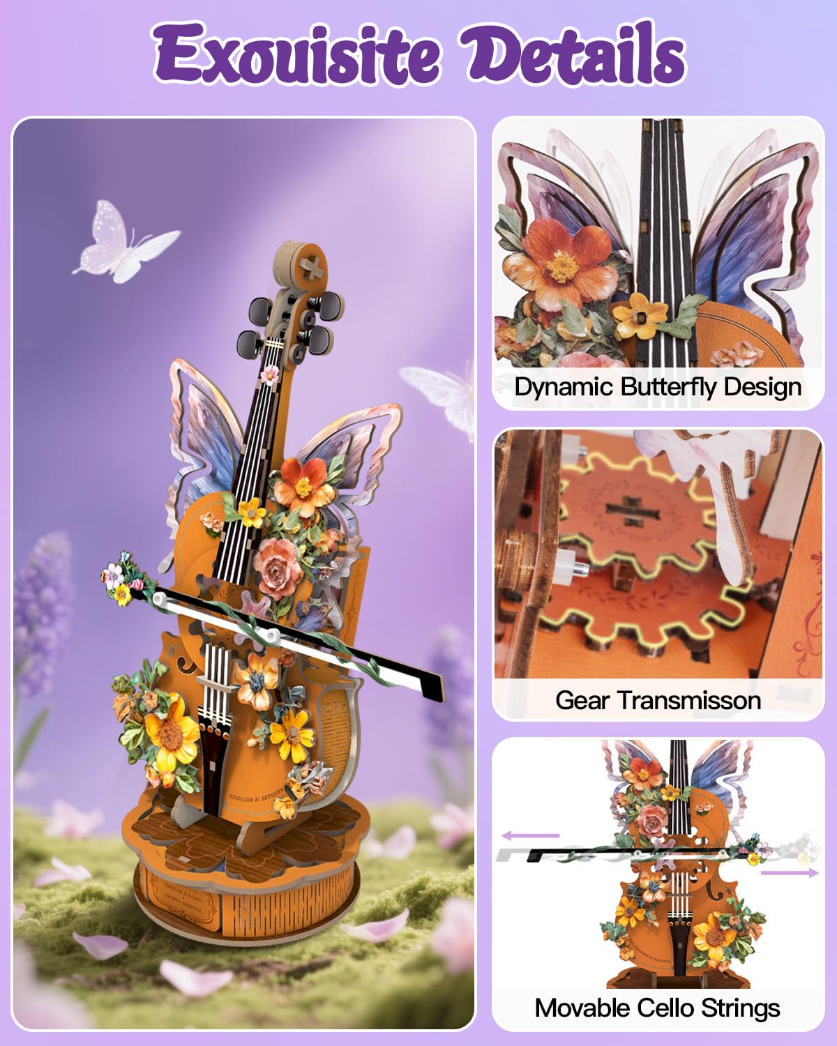 3D Puzzles for Adults, Mechanical Wooden Cello Music Box Puzzles, DIY Flower Music Box Cello Crafts Model Kits Home Decor for Holiday Birthday Gifts Hobbies - Image 5