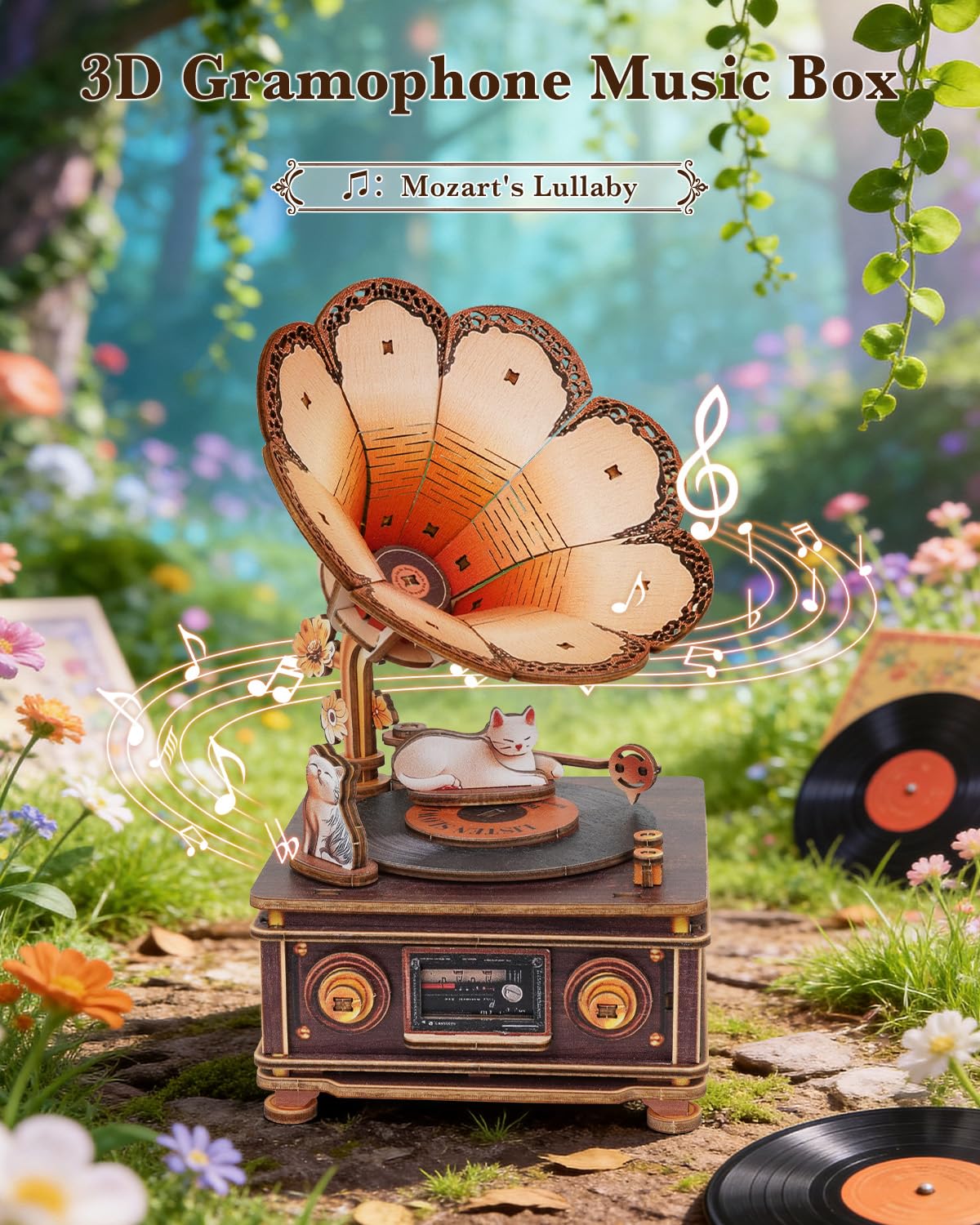 3D Puzzles for Adults, Wooden Cats Phonograph Music Box Handmade Model Kit DIY Crafts, 3D Wooden Music Box Puzzles Vintage Phonograph for Home Decor Unique Gifts for Holidays Birthdays - Image 2