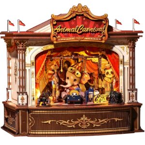 3D Wooden Puzzles Music Box - DIY Theater Model Kit with LED Light, 413 Pcs Rotating Miniature House Kit for Adults, Home Bookshelf Decor, Birthday Valentines Day Gifts (Animal Carnival)