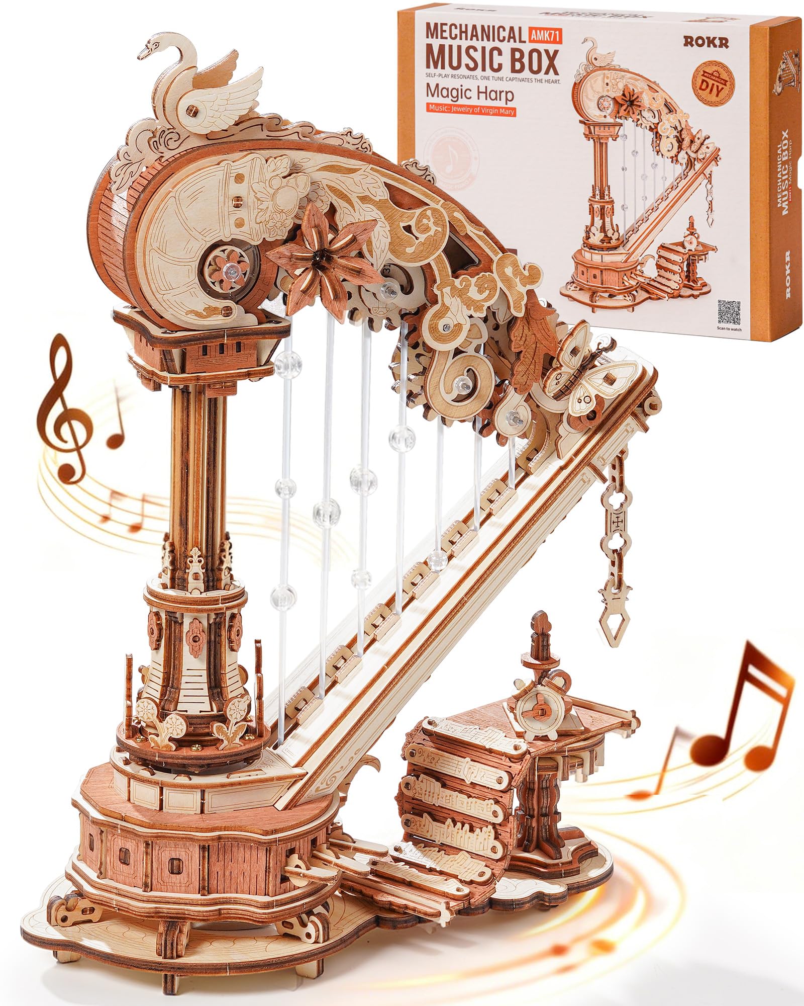 3D Puzzle Magic Harp Music Box, Buildable Model Kit with Mechanical Movement & Ave Maria Melody, Elegant Home Decor for Desk & Shelf