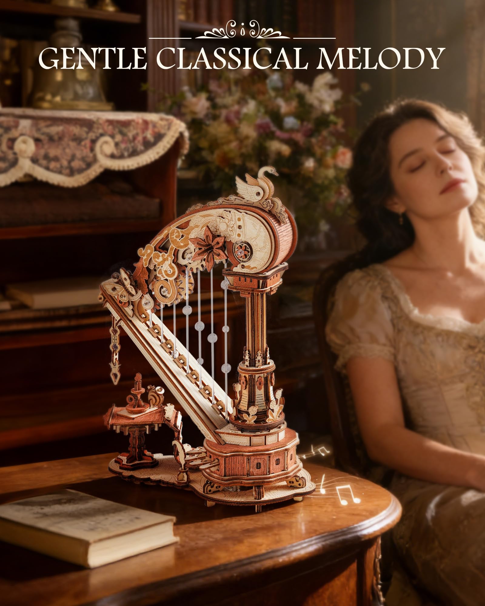 3D Puzzle Magic Harp Music Box, Buildable Model Kit with Mechanical Movement & Ave Maria Melody, Elegant Home Decor for Desk & Shelf - Image 2