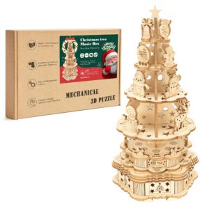 3D Wooden Puzzle Christmas Tree Music Box u2013 61PCS DIY Wooden Craft Kit for Adults & Kids, Handmade Xmas Tree House Model with Rotating Music, Creative Decor