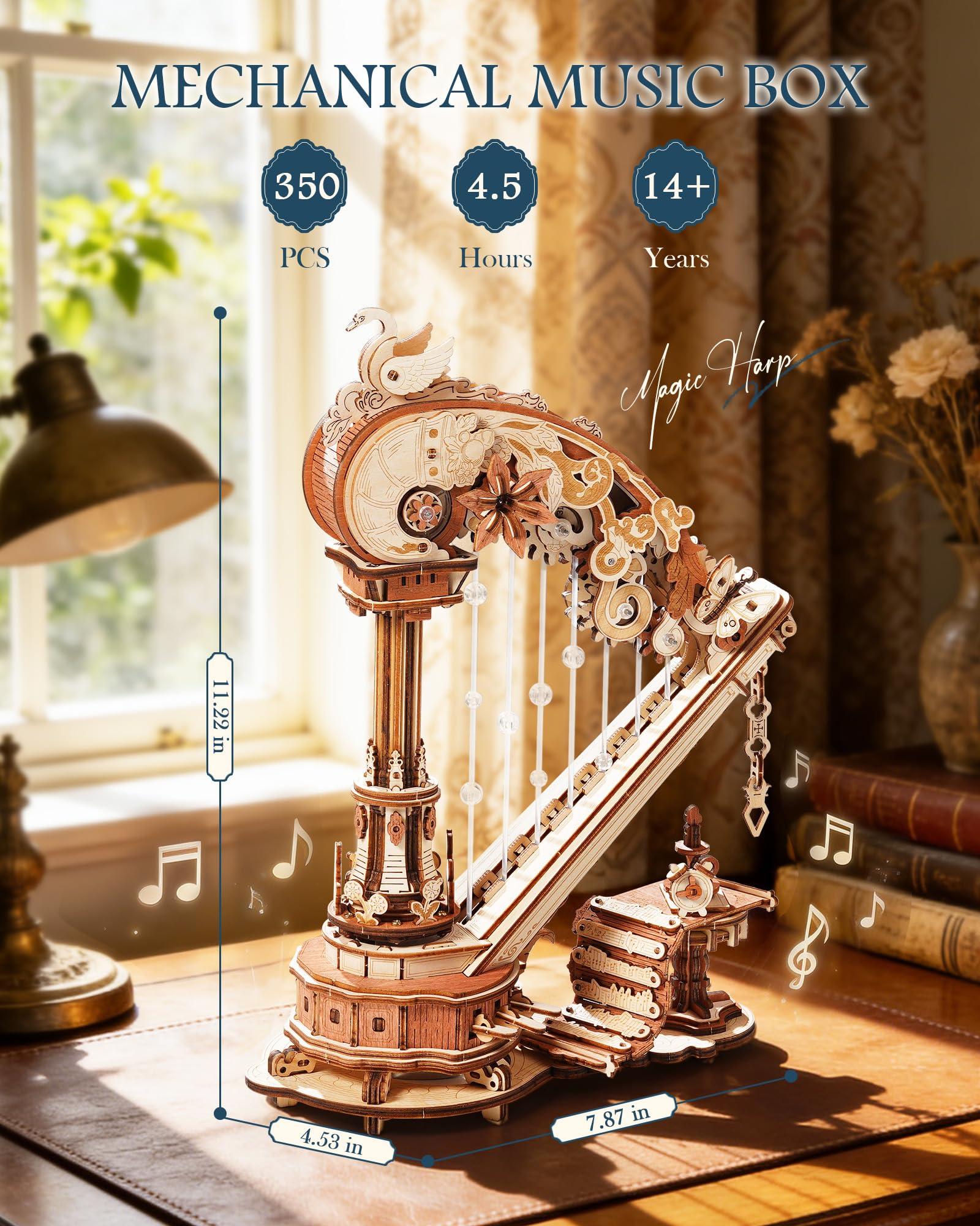 3D Puzzle Magic Harp Music Box, Buildable Model Kit with Mechanical Movement & Ave Maria Melody, Elegant Home Decor for Desk & Shelf - Image 3