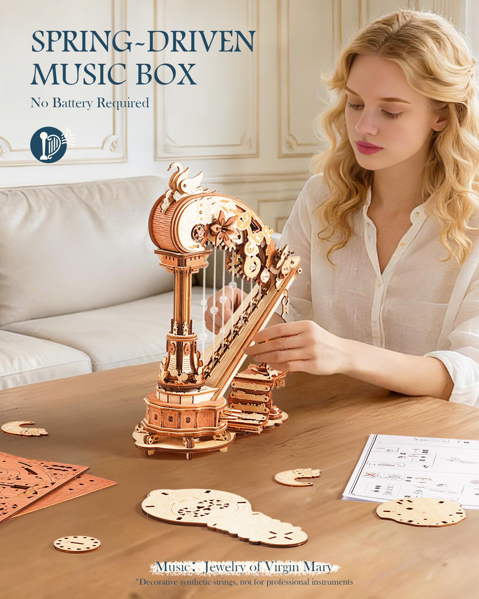 3D Puzzle Magic Harp Music Box, Buildable Model Kit with Mechanical Movement & Ave Maria Melody, Elegant Home Decor for Desk & Shelf - Image 5