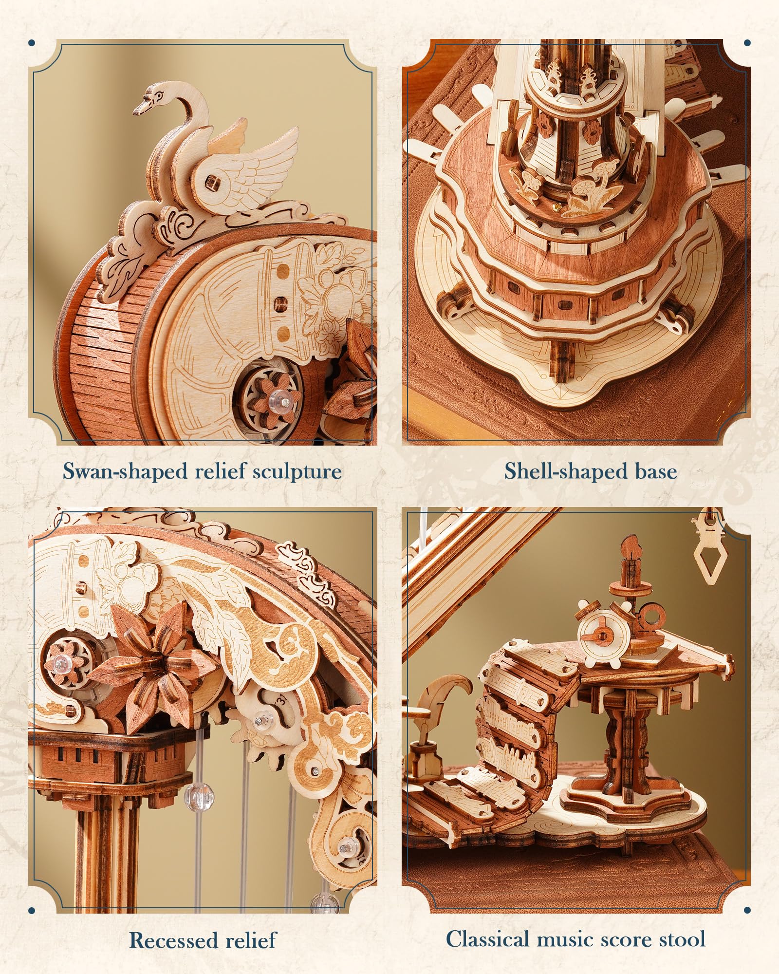 3D Puzzle Magic Harp Music Box, Buildable Model Kit with Mechanical Movement & Ave Maria Melody, Elegant Home Decor for Desk & Shelf - Image 4