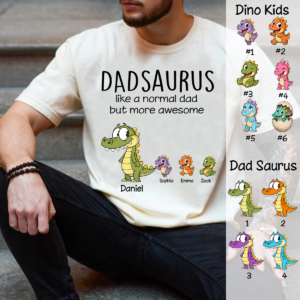 Personalized Dad Dinosaur Shirt with Custom Kids Names, Funny Grandpa Family T Shirt for Dad Daddy, Father's Day Birthday Gift
