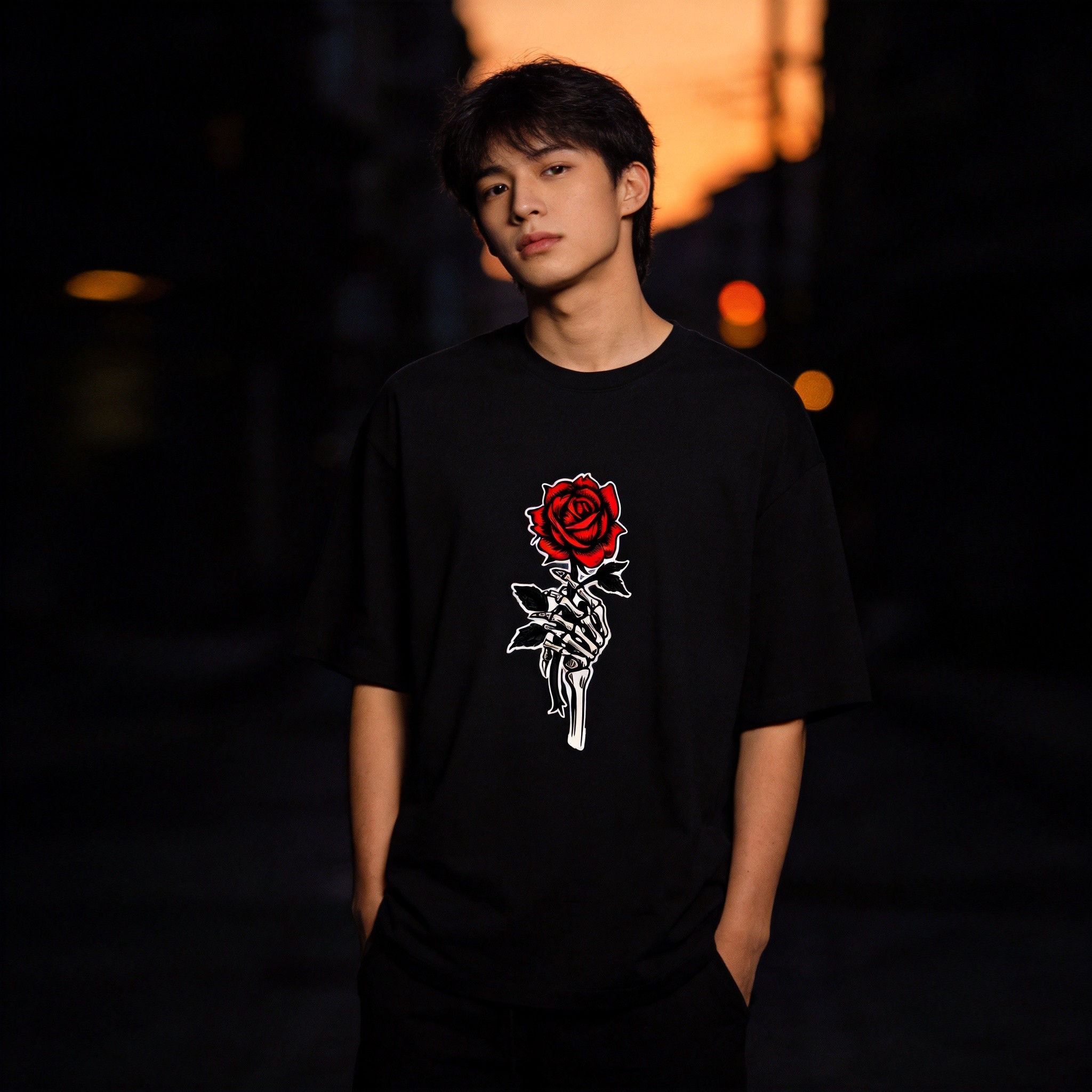 ROSE BONE Tribal Skull Tee - Black Model