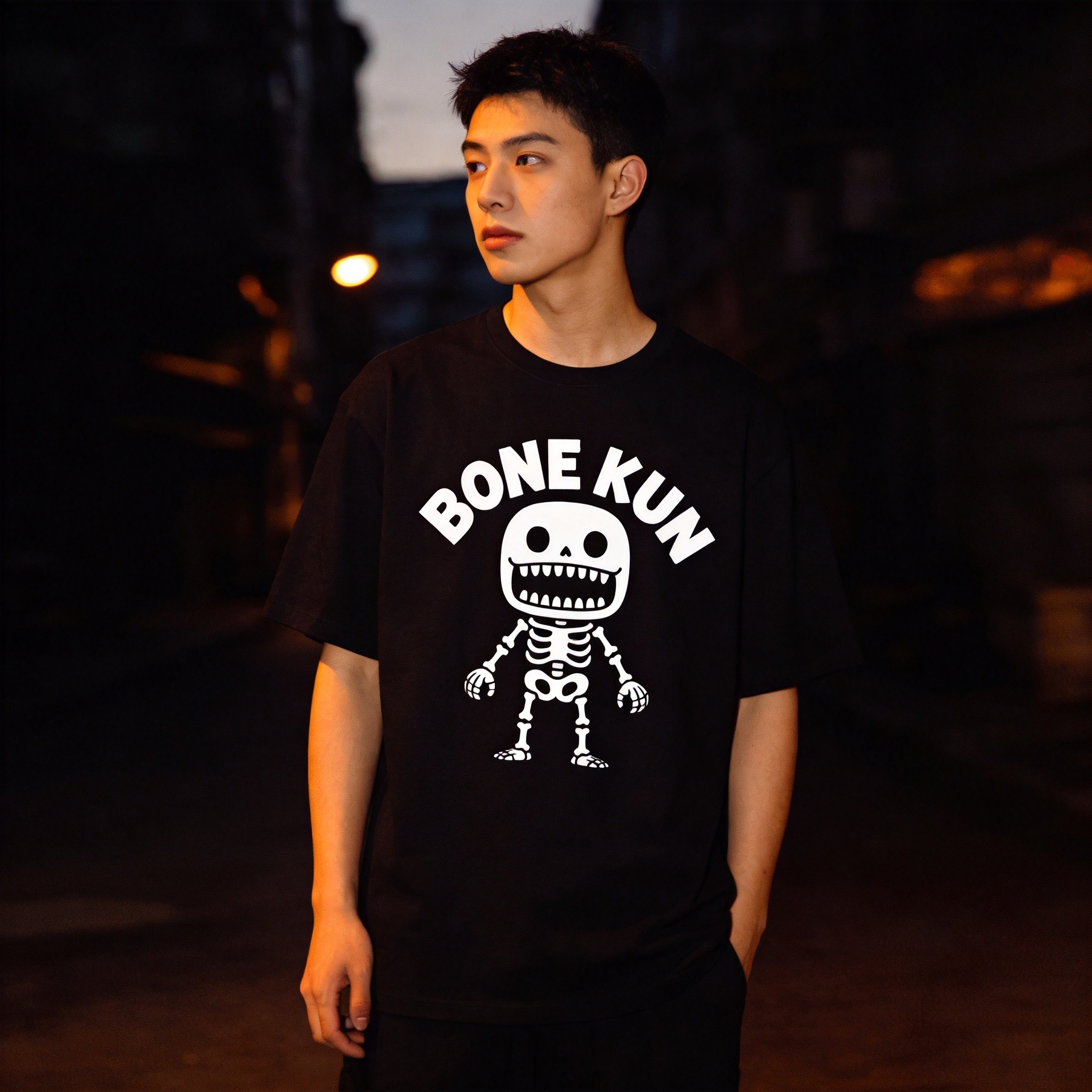 BONE KUN Tribal Skull Tee - Black Model