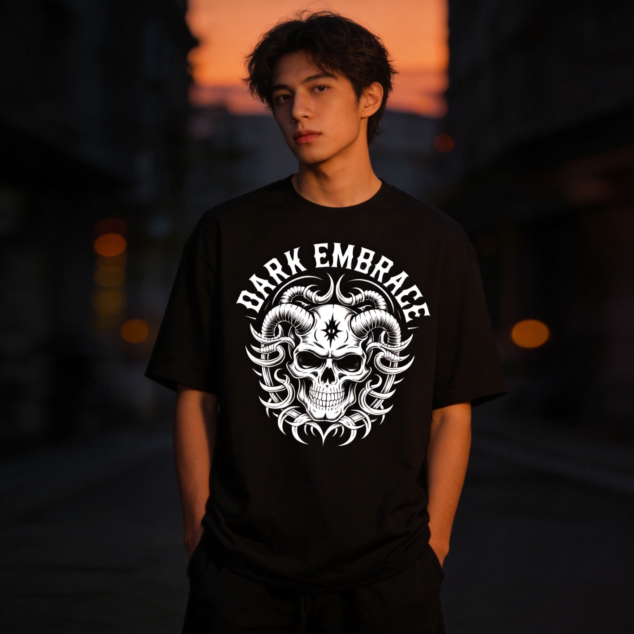 DARK EMBRACE Tribal Skull Tee - Black Model