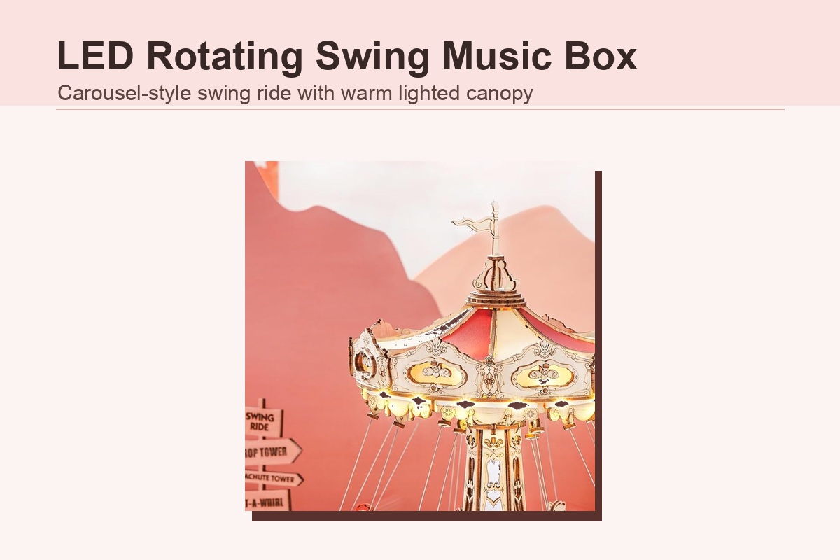 LED rotating swing music box product graphic with carousel-style swing ride and warm lighted canopy