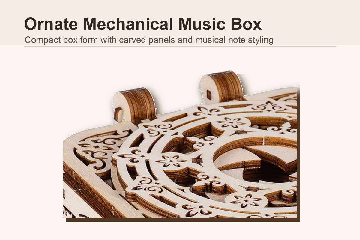 Mechanical music box kit product graphic showing compact ornate box form and musical note styling
