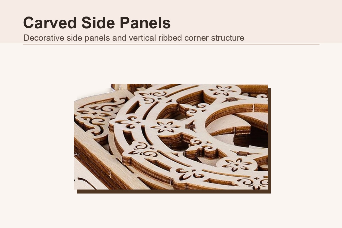 Mechanical music box carved side panel detail with decorative cutouts and ribbed corner structure