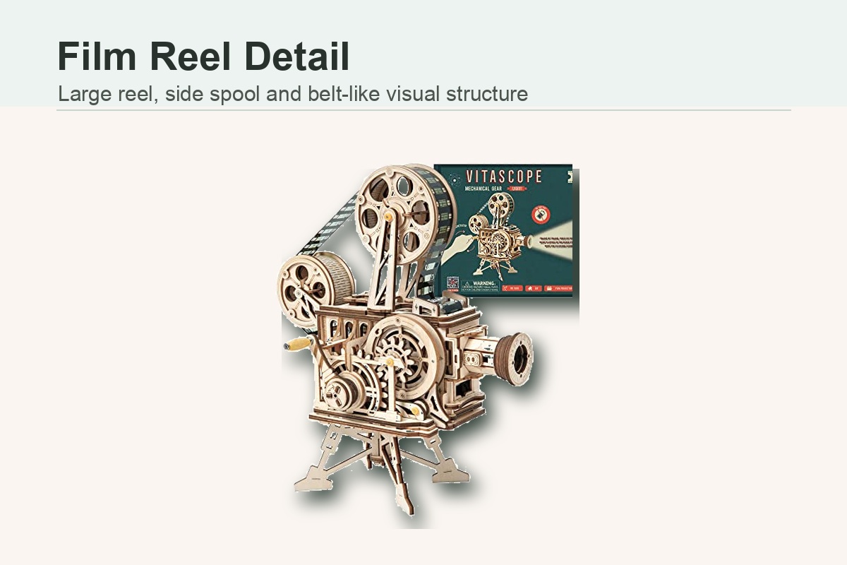 Vitascope music box film reel detail with large reel and side spool structure