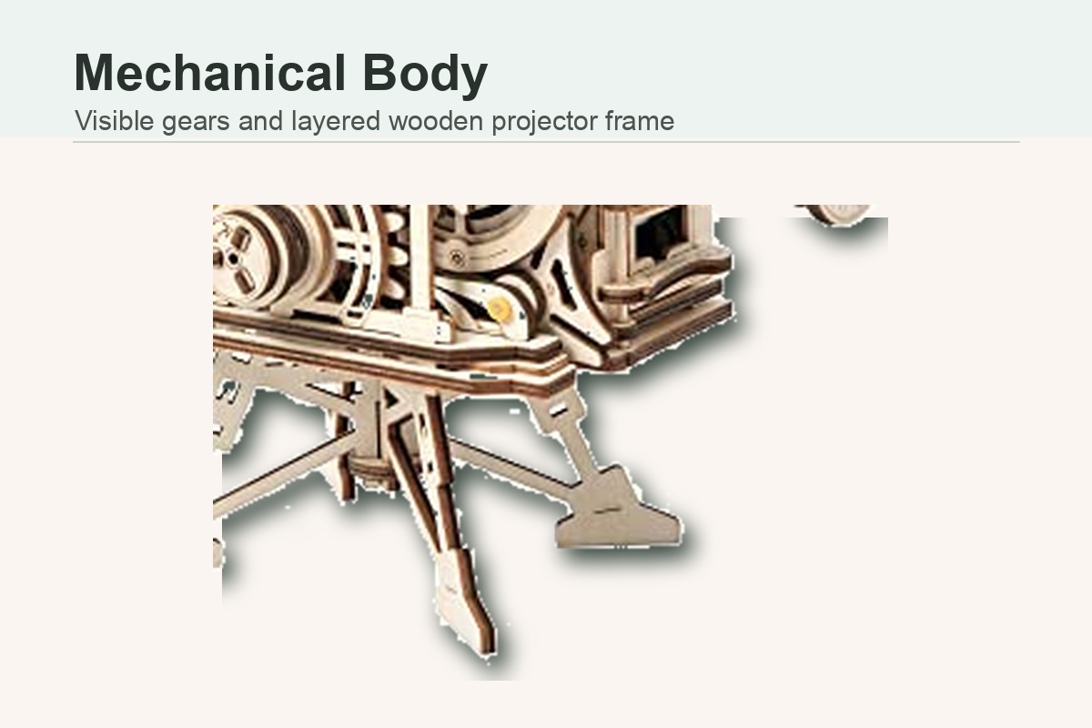 Vitascope music box mechanical body detail with visible gears and layered wooden frame