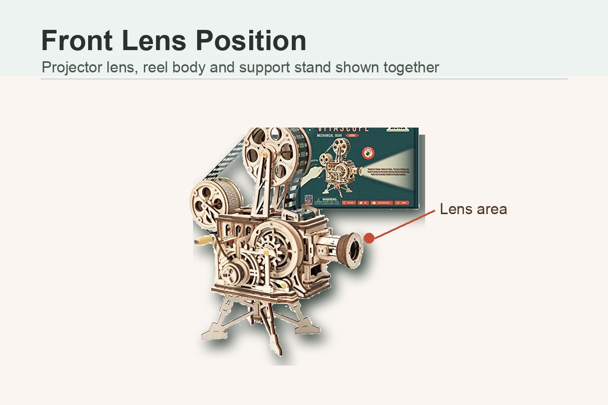 Vitascope music box front lens position graphic with projector body and support stand