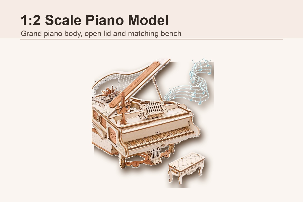 223-piece 1:2 scale piano model music box with open lid and matching bench