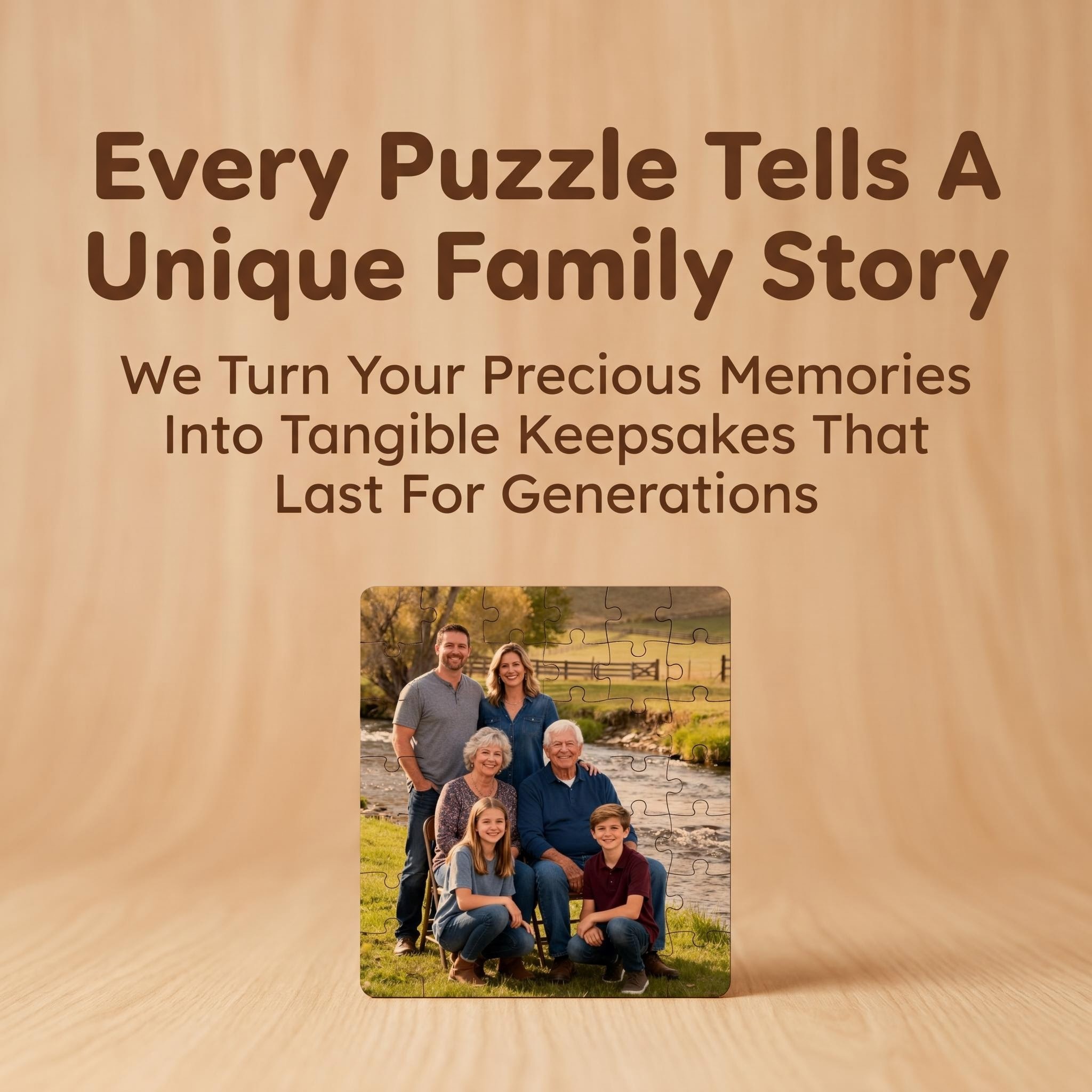 Multi-generation family with custom photo jigsaw puzzle, outdoor riverside setting