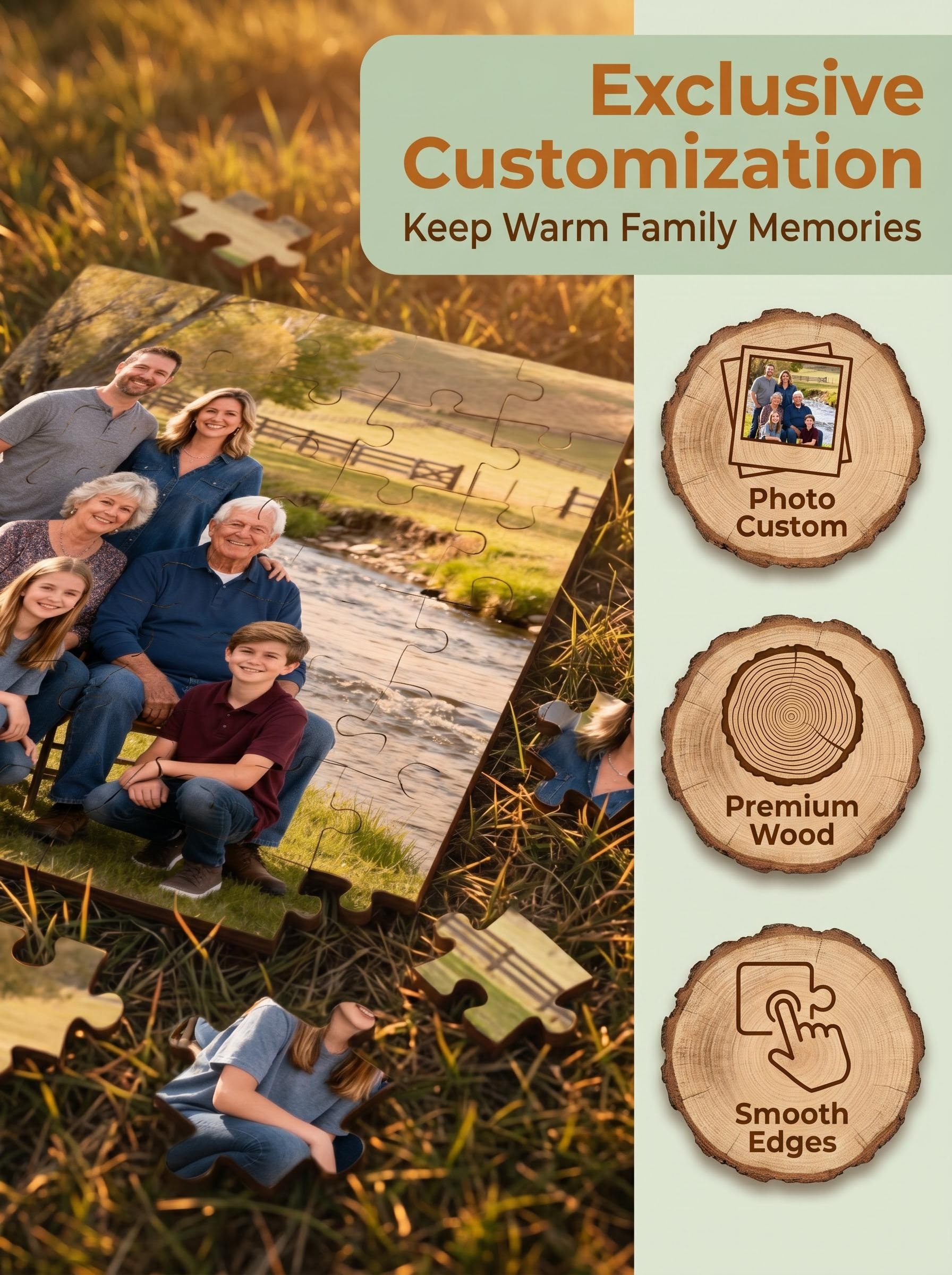 Photo Custom, Premium Wood, Smooth Edges - three core benefits of our custom photo puzzle