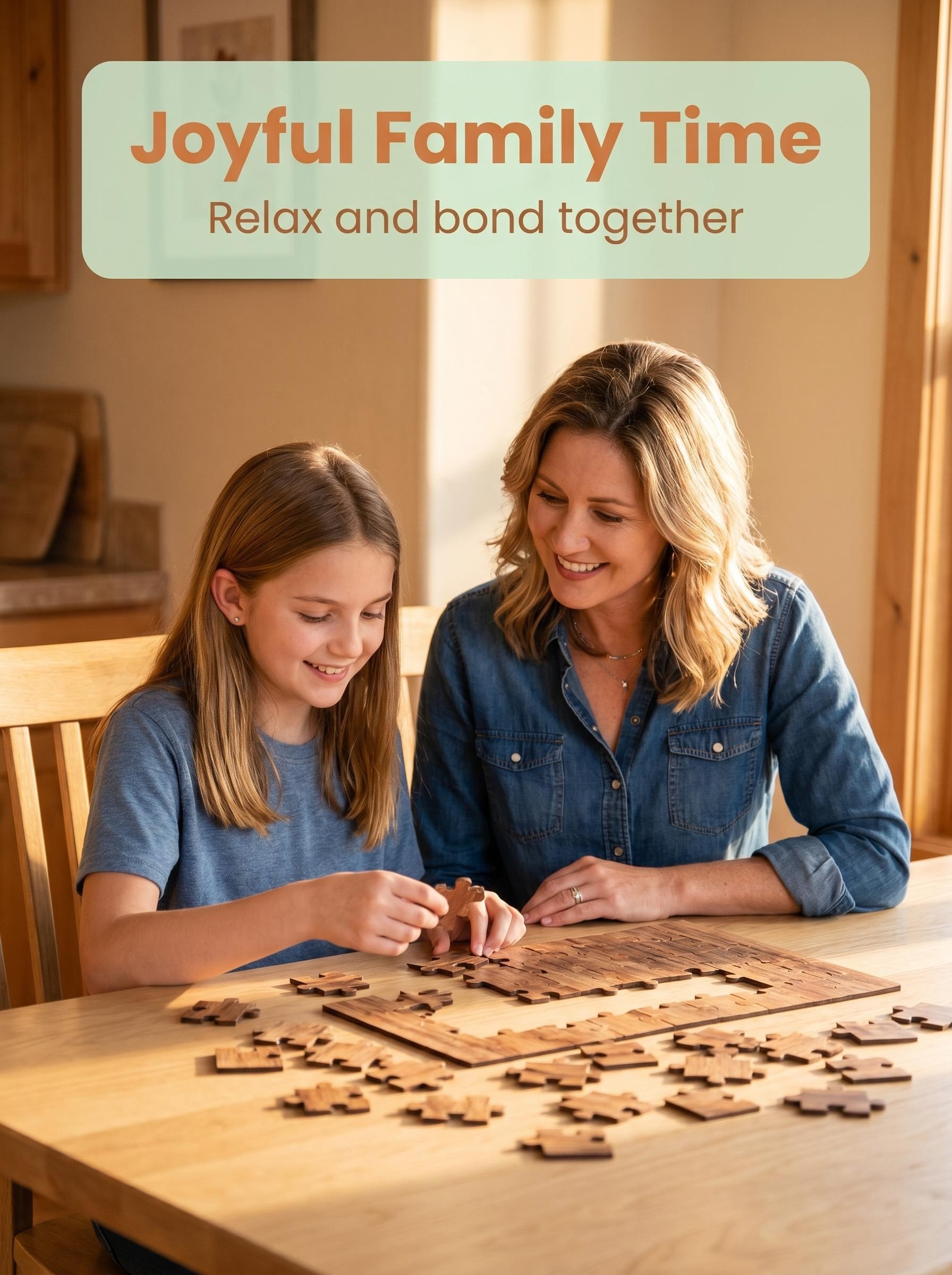 Father and daughters enjoying custom photo jigsaw puzzle together - family puzzle night