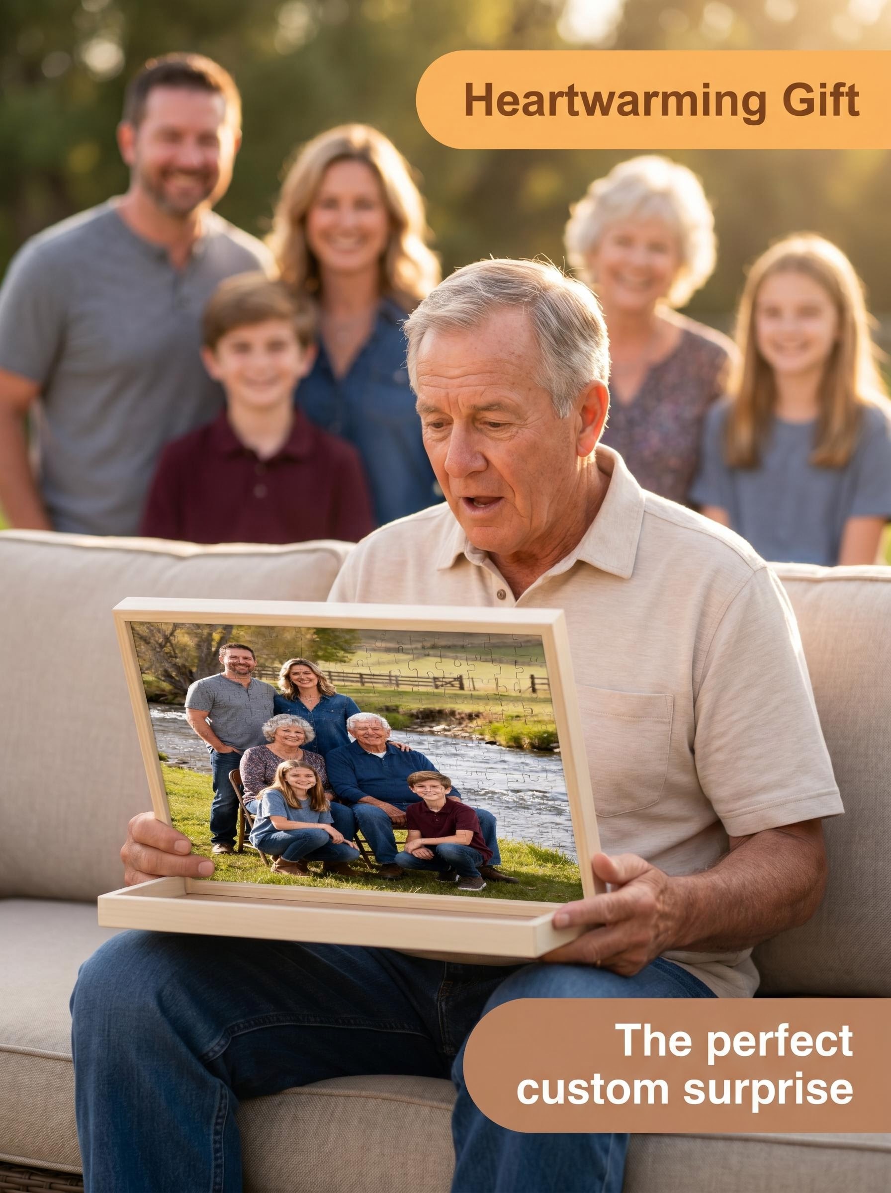 Grandmother holding completed custom photo jigsaw puzzle framed - heartfelt gift
