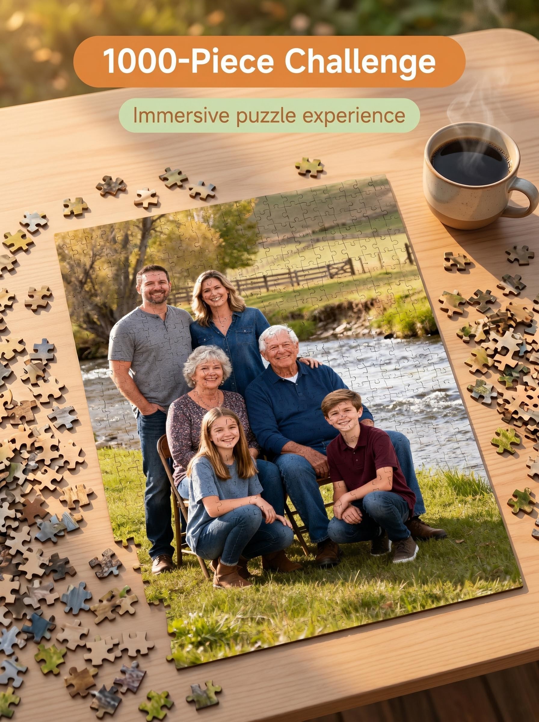 Mother and son working on custom photo jigsaw puzzle - immersive hands-on family experience