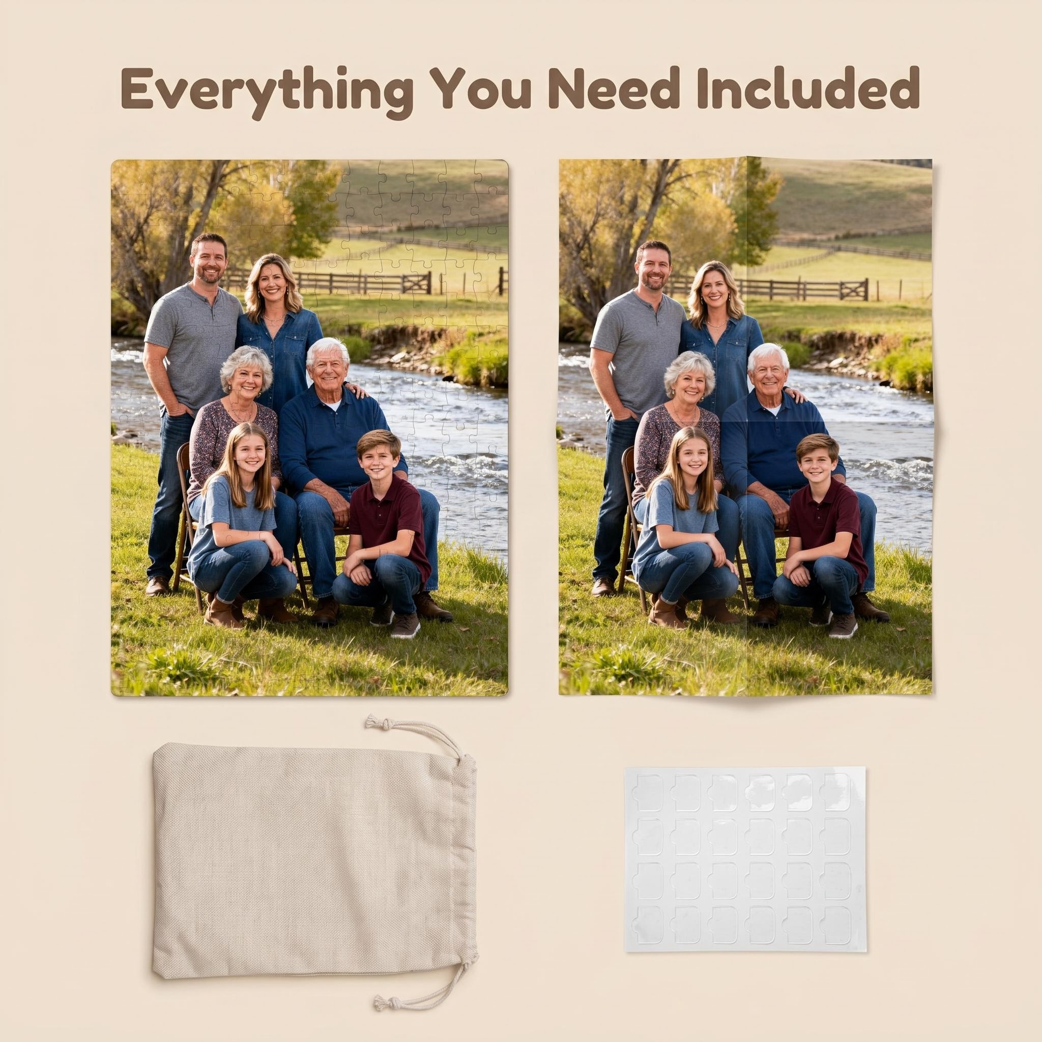 Custom photo puzzle gift box with reference poster and storage bag - what's in the box