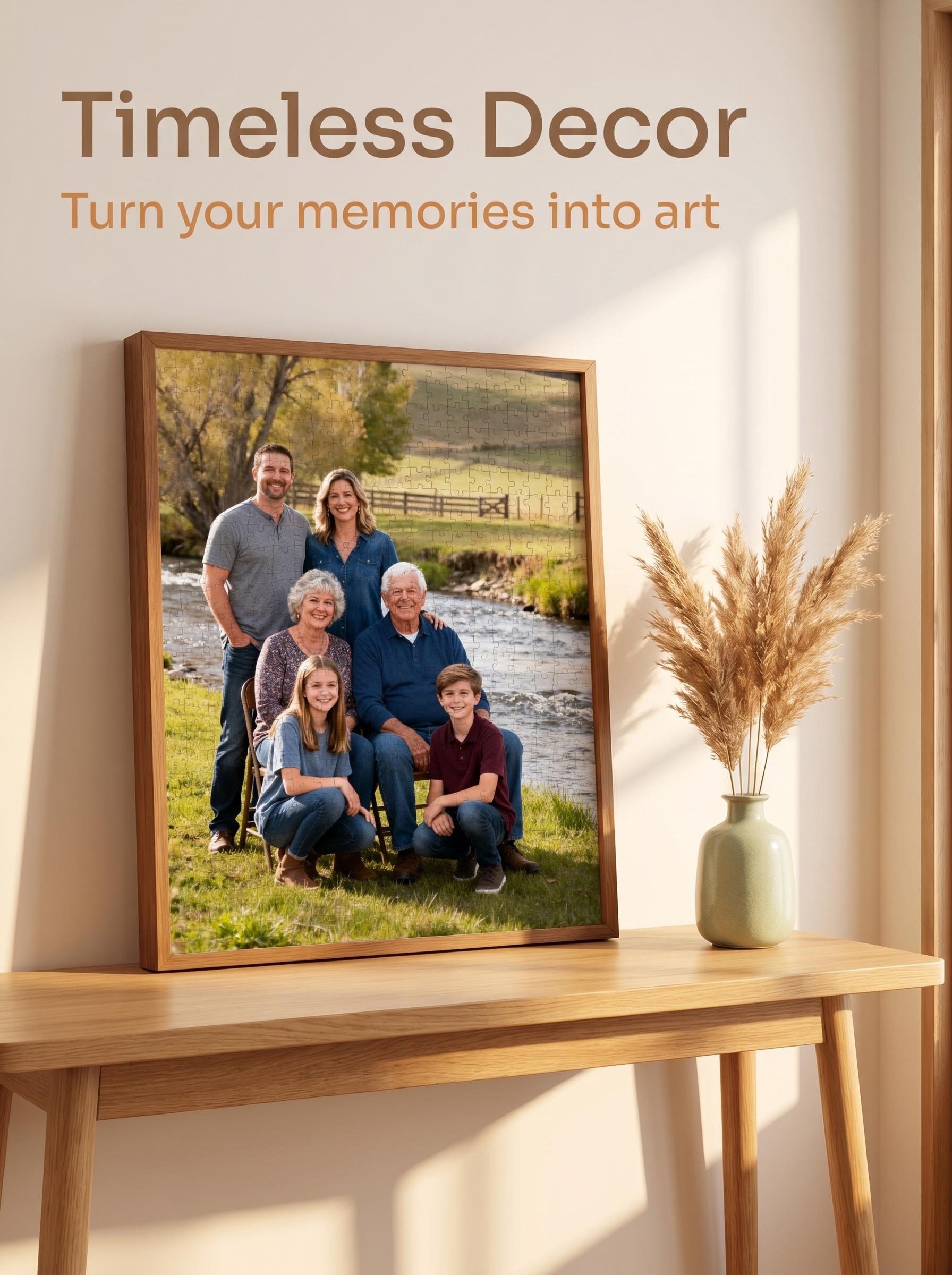 Completed custom photo puzzle displayed in living room shelf - home memory showcase