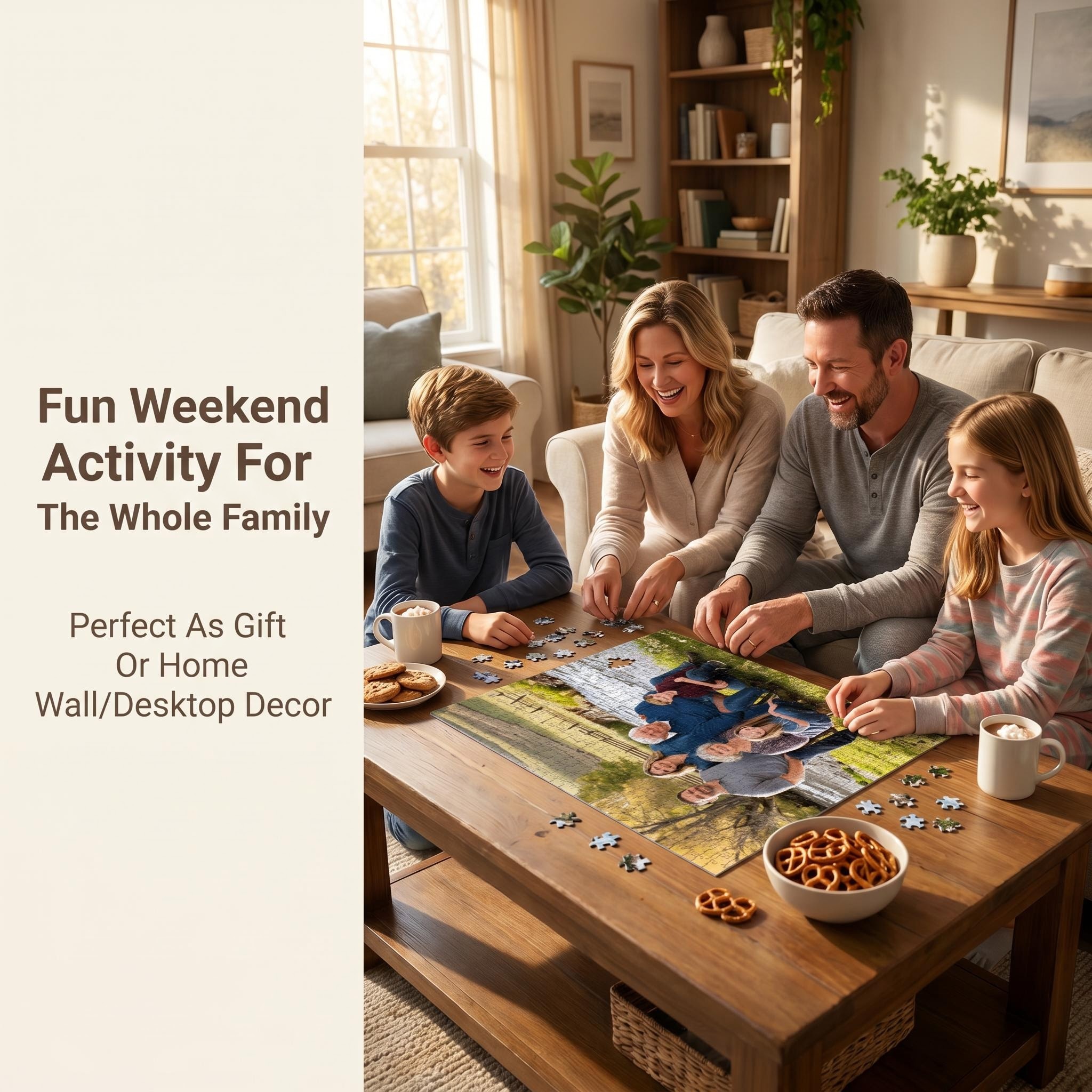 Family using custom photo jigsaw puzzle during cozy gathering - real usage scene