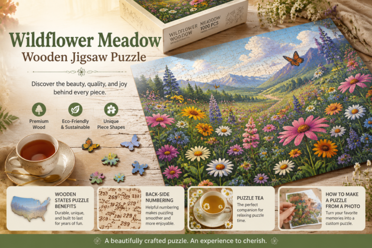 Wildflower Meadow Wooden Jigsaw Puzzle: Wooden States Puzzle Benefits, Back-Side Numbering, Puzzle Tea & How to Make a Puzzle from a Photo