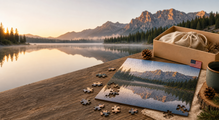 Mountain Lake Wooden Jigsaw Puzzle: Eco-Friendly Mariners Puzzle and Made-in-USA Features