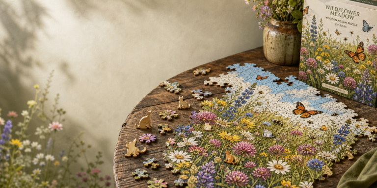 Wildflower Meadow Wooden Jigsaw Puzzle: 3D Puzzle for Adults — Features, Eco-Friendly Materials, Cat-Shaped Pieces, and Display Tips