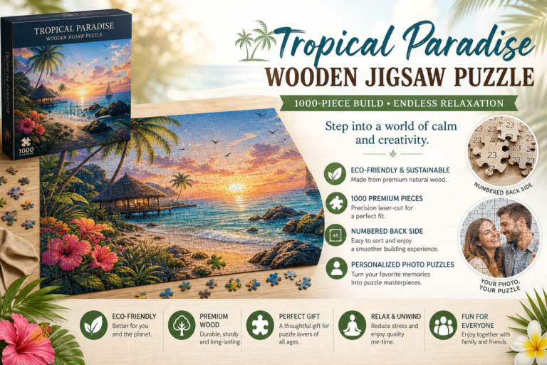 Tropical Paradise Wooden Jigsaw Puzzle: Eco-Friendly 1000-Piece Build, Back-Side Numbering and Personalized Photo Puzzles Guide