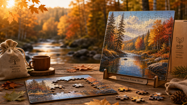 Childrens wood puzzles: Benefits and features of the Autumn Forest River wooden jigsaw puzzle (eco-friendly, display-ready)
